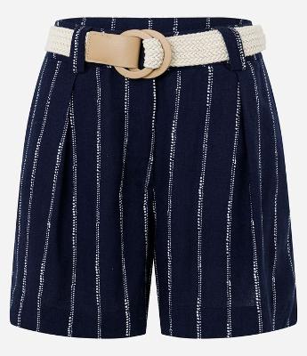 Short em Viscolinho Listrado com Cinto de Ráfia