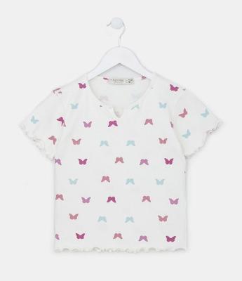 Blusa Infantil Canelada Estampada de Borboletas - Tam 5 a 14 anos