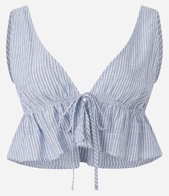 Saída de Praia Blusa Cropped em Tricoline Listrado com Amarração