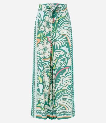 Calça Pantalona Cintura Alta em Viscose com Estampa Tropical e Amarração