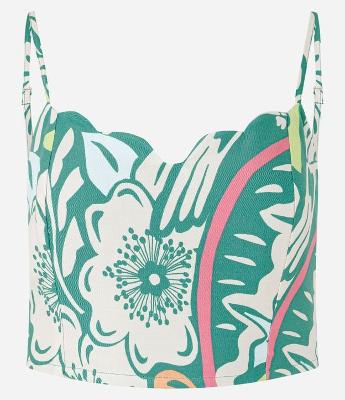 Blusa Cropped em Viscose com Estampa de Folhagem  e Lastex nas Costas