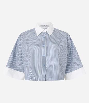 Camisa em Tricoline Gola com Lapela e Manga 3/4 Contrastantes Estampa Fio Tinto