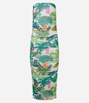 Vestido New Midi Tomara que Caia em Tule com Drapeado e Estampa Floral