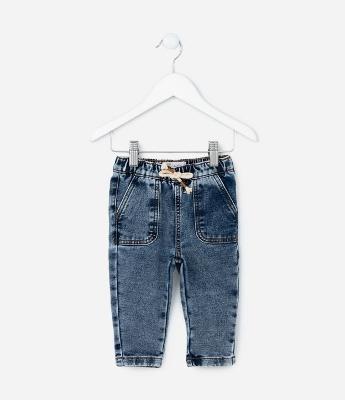 Calça Infantil em Jeans Estonado com Cordão - Tam 0 a 18 meses