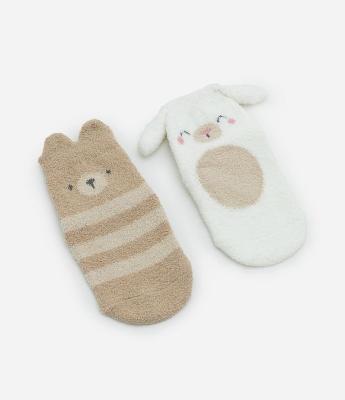 Kit 02 Meias Infantis com Estampa Ursinho e Coelho - Tam RN a 12 meses