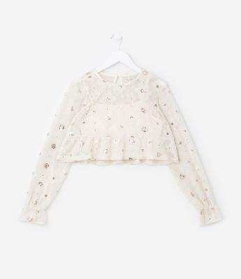 Blusa Curta Infantil em Tule com Bordado de Paetês - Tam 5 a 14 Anos