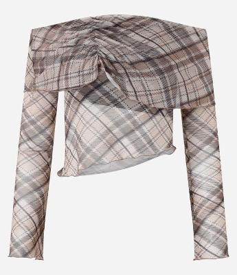 Blusa em Tule Xadrez com Pala Franzida e Decote Ombro a Ombro