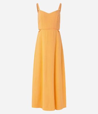 Vestido New Midi em Viscose e Linho e Recortes na Cintura