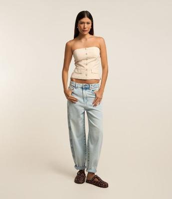 Calça Baggy em Jeans com Lateral Deslocada
