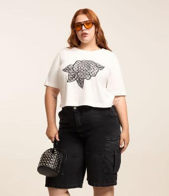 Blusa Boxy Bordada com Flor de Tule Curve & Plus Size