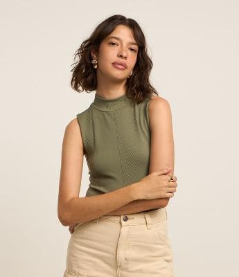 Body Seamless com Textura Espinha de Peixe e Gola Alta