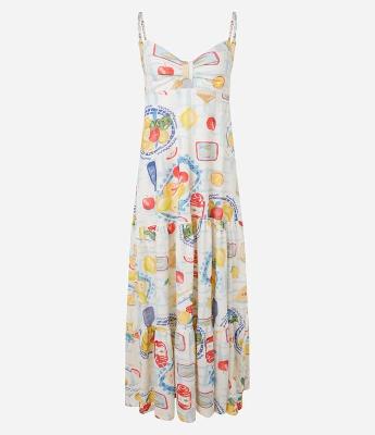 Vestido Long Midi de Alça em Algodão com Frutas Estampadas