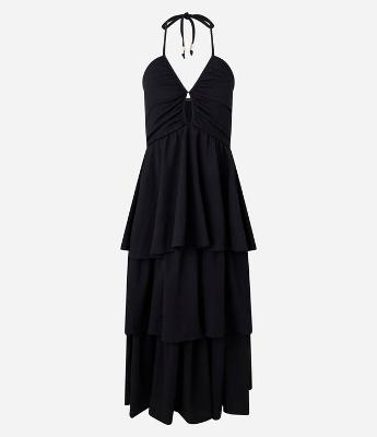 Vestido Evasê Midi Frente Única com Babados na Saia