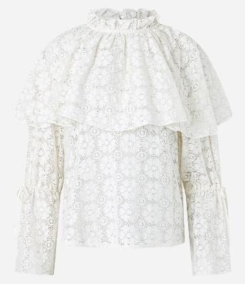 Blusa Manga Longa em Laise com Babados e Amarração nos Punhos.
