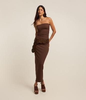 Vestido Long Midi em Microfibra com Fenda