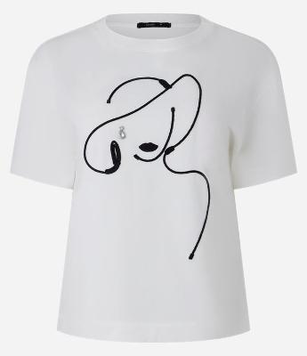 Camiseta em Algodão com Bordado de Mulher com Chapéu