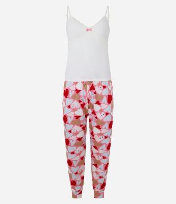 Pijama Longo em Ribana com Estampa de Coração