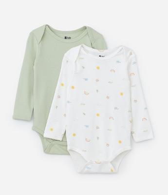 Kit 02 Bodies em Suedine com Estampa Mini Ícones - RN a 18 meses