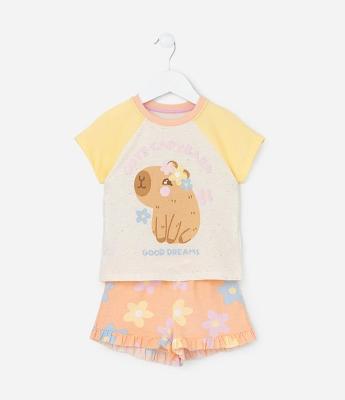 Pijama Curto Infantil Estampado de Capivarinha - Tam 2 a 6 anos