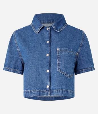 Camisa Curta em Jeans com Bolso