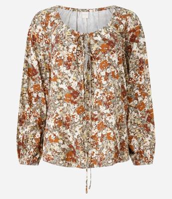 Blusa em Viscose com Amarração na Gola e Estampa Abstrata