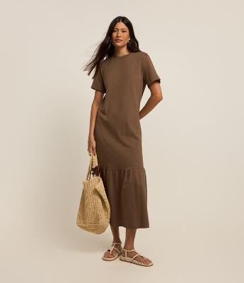 Vestido Evasê Long Midi em Algodão com Babado na Barra