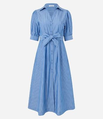 Vestido Midi com Mangas Bufantes em Tricoline e Amarração na Cintura