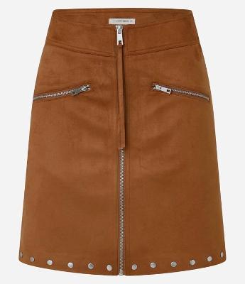 Saia Reta Cintura Alta em Suede com Zíper Frontal e Rebites na Barra