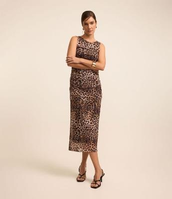 Vestido Midi em Tule com Estampa Animal Print