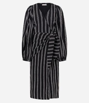 Vestido Midi com Manga Bufante Estampa Listrada e Amarração na Cintura