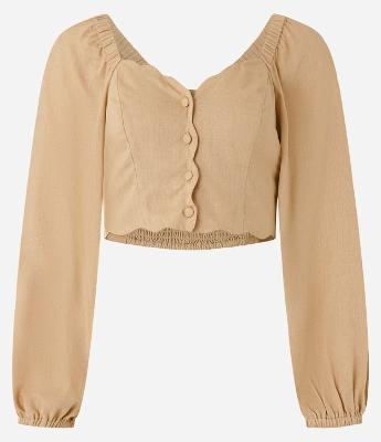 Blusa Cropped em Viscose e Linho com Botões