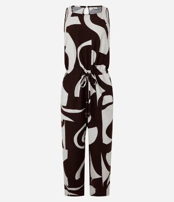 Macacão Reto em Viscose com Estampa Abstrata e Cava de Tricô