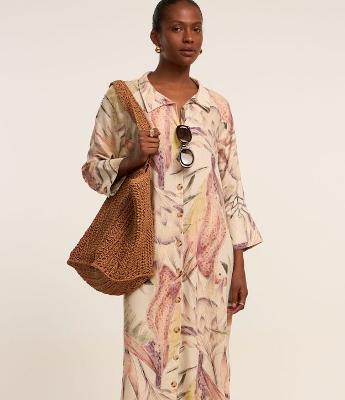Vestido Midi em Viscolinho com Estampa Natural