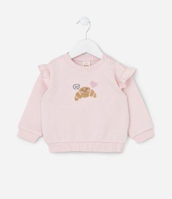 Blusão Infantil com Babados e Bordado Croissant - Tam 0 a 18 meses