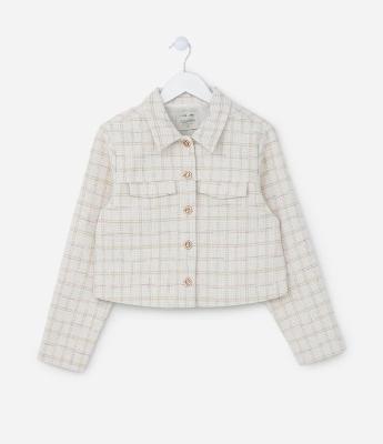Jaqueta em Tweed com Gola Polo e Botões com Abelinhas -Tam 5 a 14 Anos