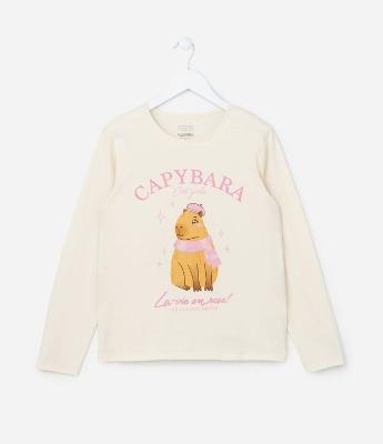 Camiseta Infantil em Algodão Estampa Capivara de Cachecol - Tam 5 a 14 anos