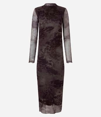 Vestido em Tule com Estampa Abstrata e Manga Longa