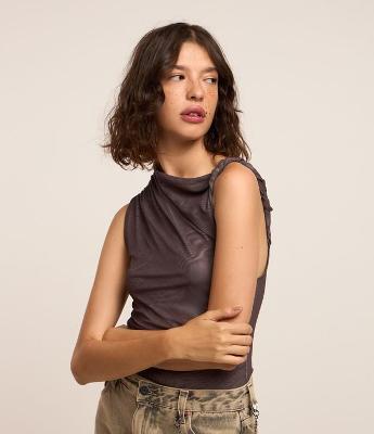 Body em Tule com Decote Assimétrico