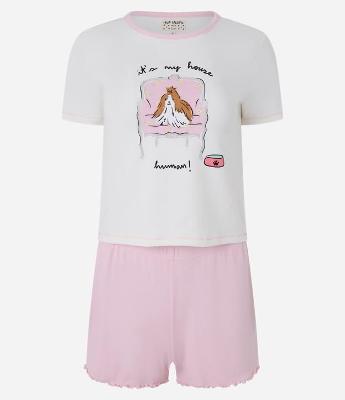 Pijama Short Doll Manga Curta com Estampa de Cachorrinho