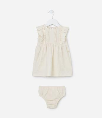 Vestido Infantil com Textura Babado e Calcinha - Tam 0 a 18 meses