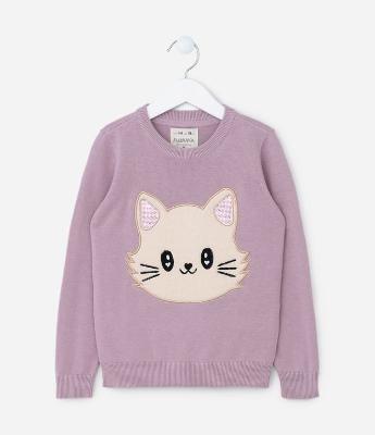 Blusão Infantil com Bordado de Gatinho - Tam 5 a 14 Anos