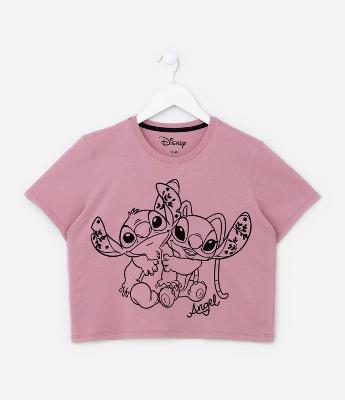 Camiseta Curta Infantil com Estampa Stitch e Angel - Tam 5 a 14 Anos