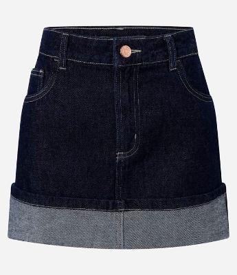 Saia Curta em Jeans com Barra Dobrada e Cintura Alta