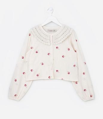Camisa Curta Infantil com Gola em Crochê - Tam 5 a 14 Anos