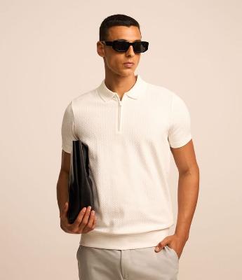 Camisa Polo Slim em Algodão com Textura e Zíper