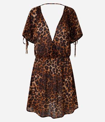 Saída de Praia Vestido Curto em Crepe com Estampa Onça