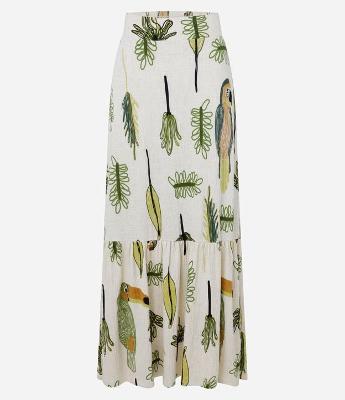 Saia New Midi em Viscose com Estampa Folhagem e Pássaro