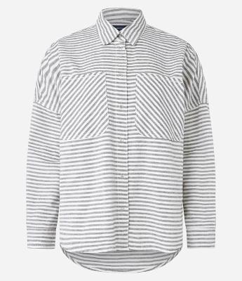 Camisa Alongada em Jeans com Listras Variadas e Bolsos