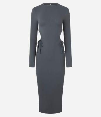 Vestido New Midi em Ribana com Aberturas Laterais com Amarração