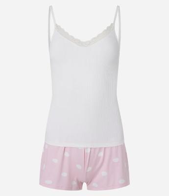 Pijama Short Doll em Ribana com Alcinhas e Short Estampado Poá